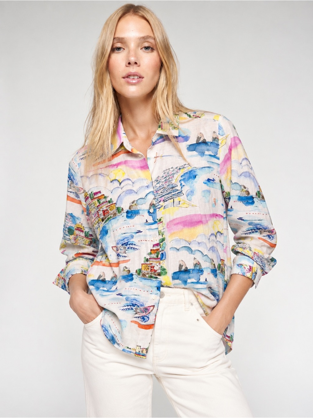 Vilagallo Linen Watercolor Town Scene Long Sleeve Shirt Womens size 6 936
